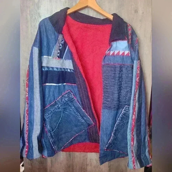 Vintage 90s Hand Made Patchwork Denim Jacket Size LG Women's - Picture 1 of 15